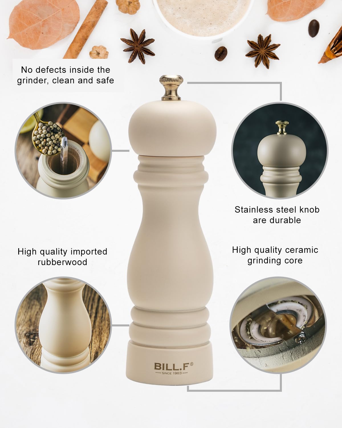 BILL.F Salt and Pepper Grinder Pepper Mill Wood Grinder Pepper Manual Grinders Salt Mill with Adjustable Ceramic Rotor -7.48 Inch Set of 2