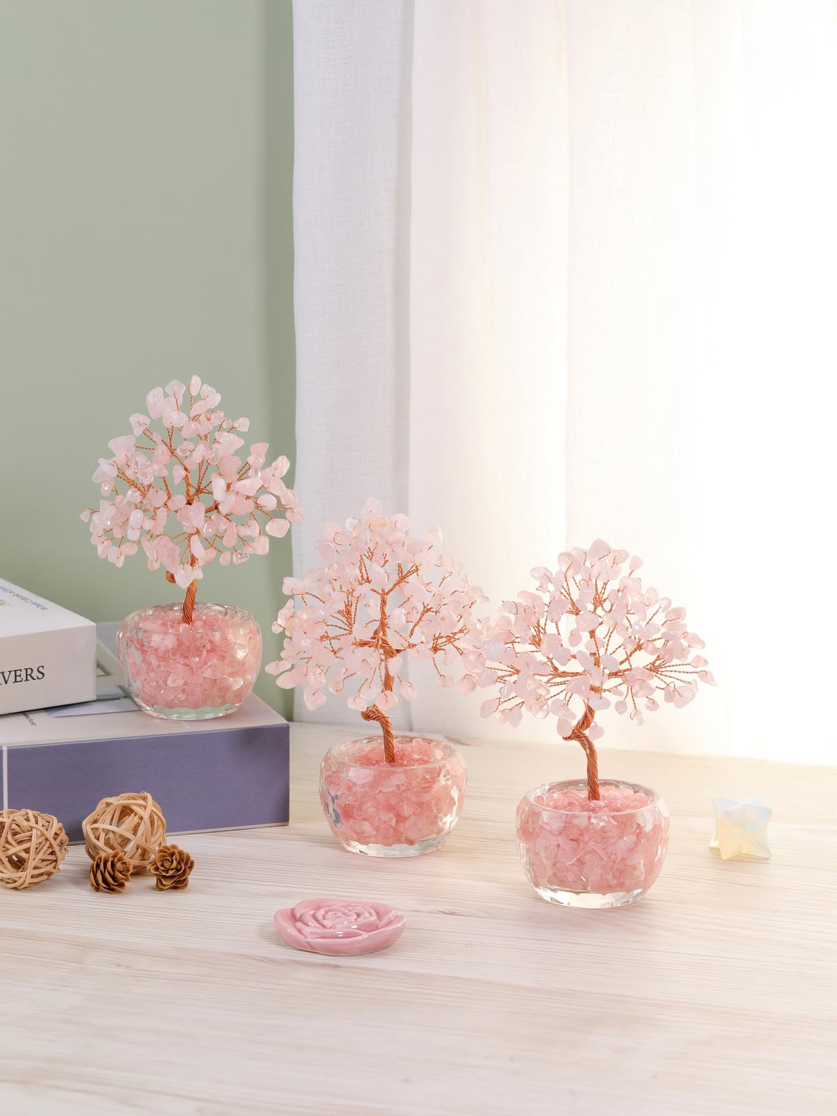 MANIFO Rose Quartz Crystal Tree Crystals Stones Tree with Glass Base Gemstone Tree for Positive Energy Office Decor Fengshui Tree Gift