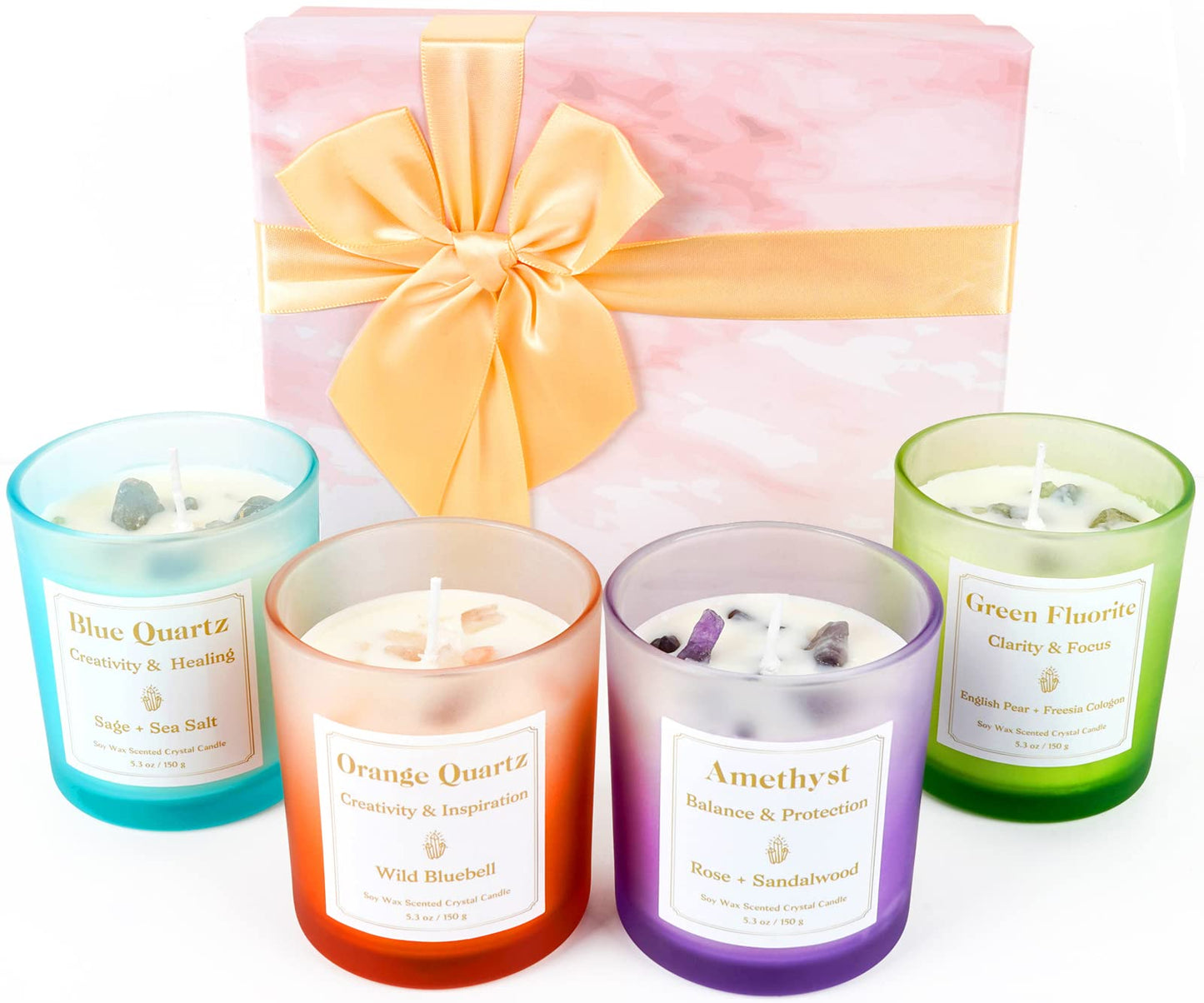 4 Pack Scented Candles with Healing Crystals, Rose, Sage and Amethyst
