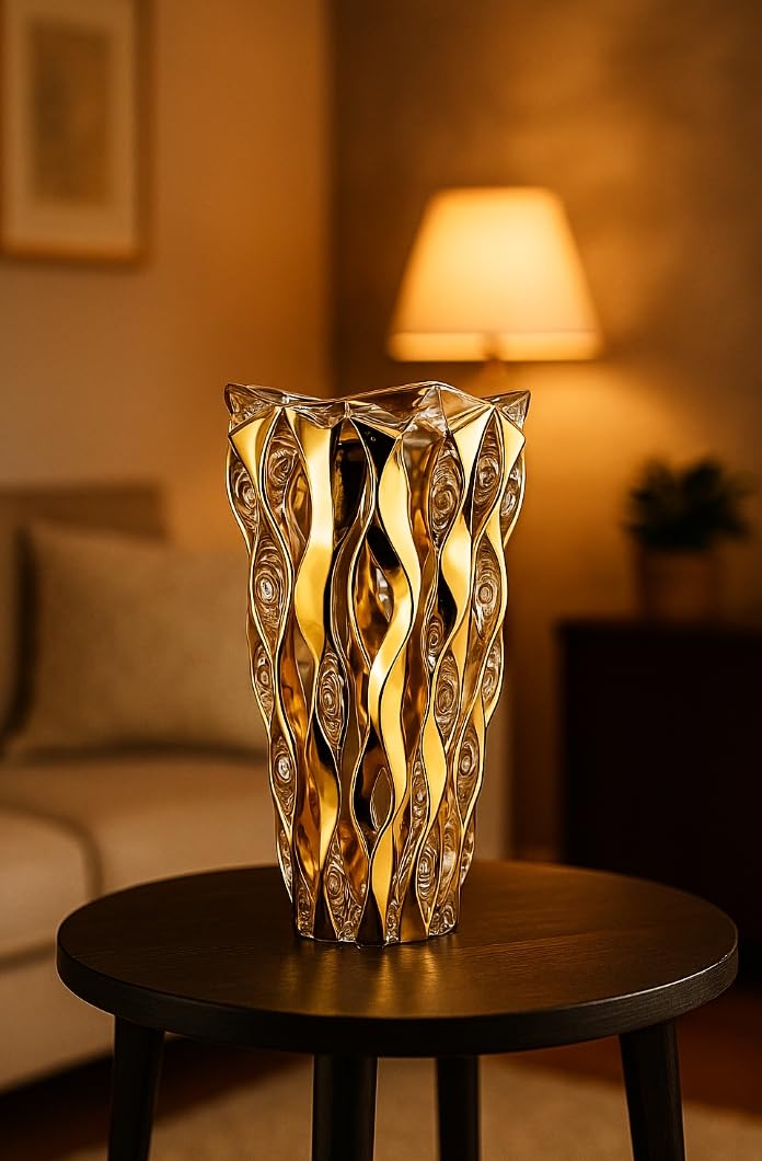 Symphony Crystal Glass Flower Vase | Handmade Luxurious Bohemian Home Decor | European Design | 12" tall Gold