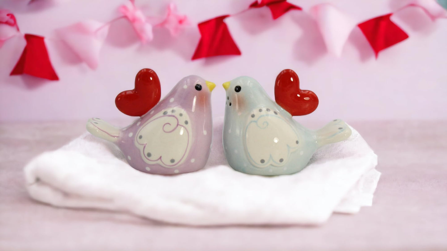 Fine Ceramic Valentine Love Birds with Red Heart Salt & Pepper Shakers Set, 3-3/8" L
