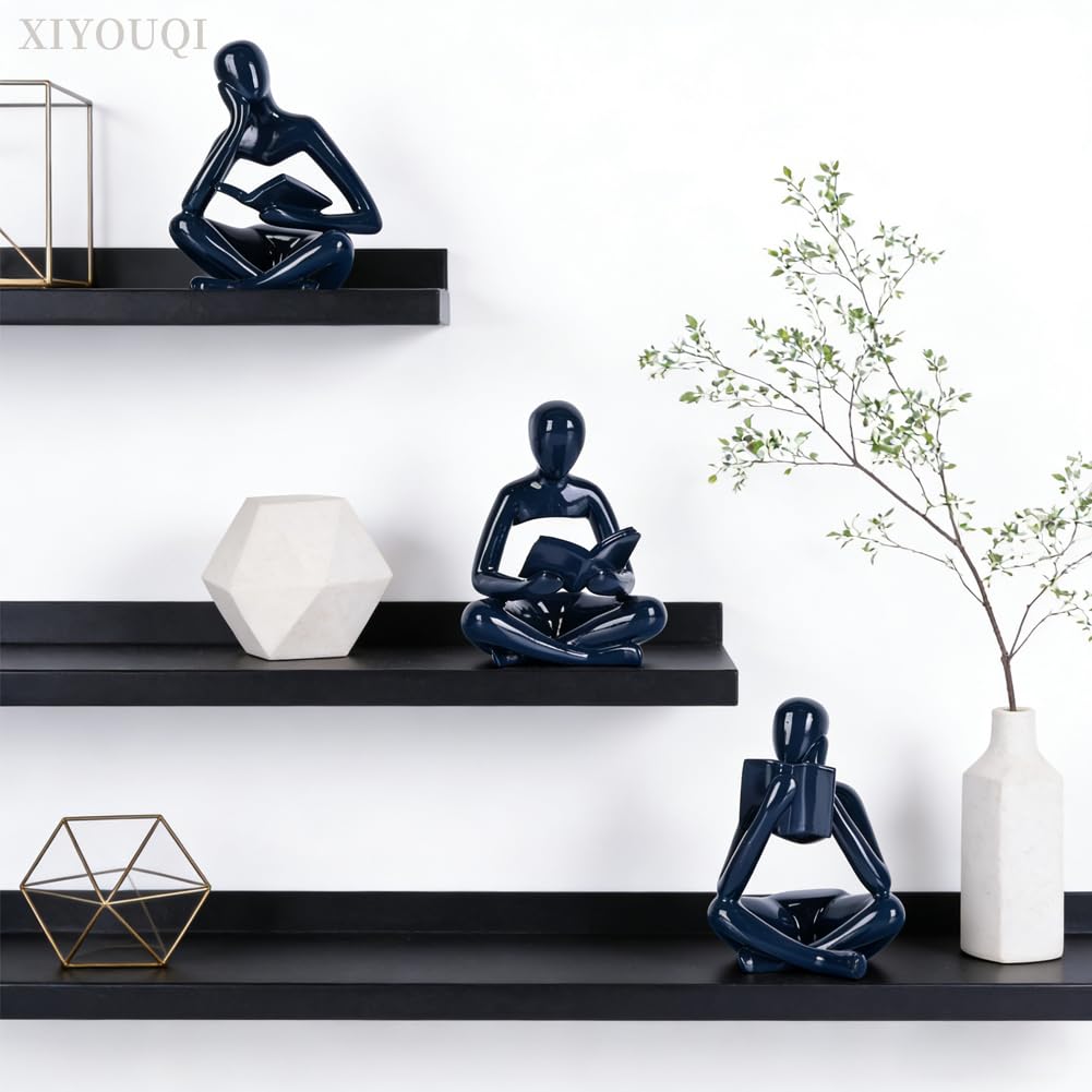 Navy Blue Thinker Statue Set of 3, Glossy Resin Reading Statue Figurines for Coffee Table, Abstract Sculptures Home Decor for Shelf, Desk, TV Console, Modern Blue Room Accents for Living Room Office