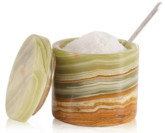 SPESHSTONES Marble Salt Cellar Green Onyx 3 Inch Handmade Stone Salt Containers for Countertop, 5.2 oz Sugar Jar with Lid and Spoon, Salt Bowl, Marble Salt Holder to Store Table & Flaky Salt