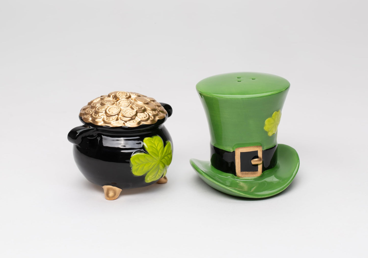 Fine Ceramic St Patrick's Irish Top Hat & Pot of Gold Salt & Pepper Shakers, 4-3/4" H