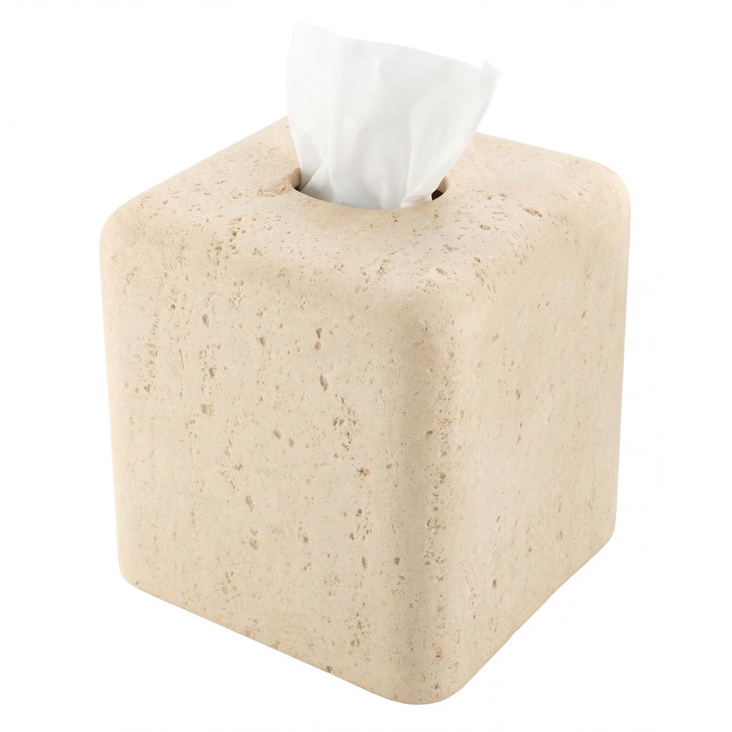 Weighted Travertine Stone Composite Tissue Box Cover Square with Anti-Slip Pads – Artisanal Stone Tissue Holder & Tissue Box Holder for Bathroom, Living Room & Office, Rounded Corners