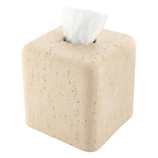 Weighted Travertine Stone Composite Tissue Box Cover Square with Anti-Slip Pads – Artisanal Stone Tissue Holder & Tissue Box Holder for Bathroom, Living Room & Office, Rounded Corners