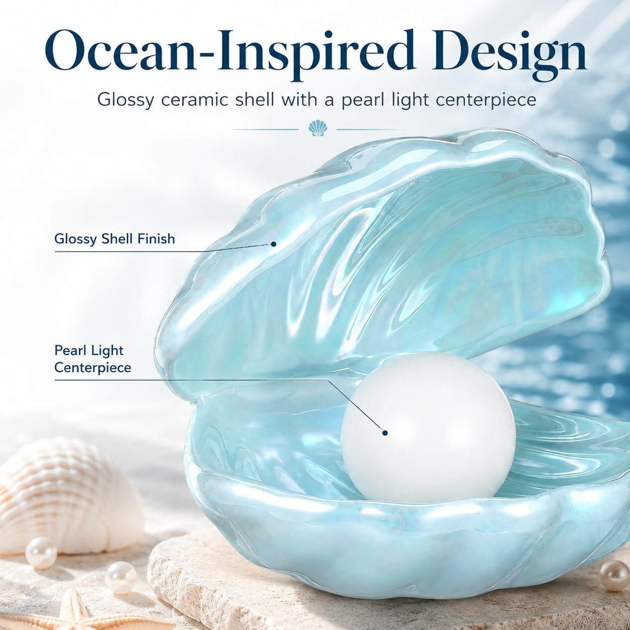IMIKEYA Shell Pearl Light, LED Ceramic Pearl in Shell Night Light Desktop Portable Ocean-Inspired Seashell Lamp for Bedroom Home Decor, Blue