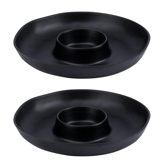ZAROCRUS Chip & Dip Serving Set, 2 PCS Divided Cheeses Serving Platter, Relish Tray, Round Compartment Appetizer Set for Chips and Dip, Veggies, Candy and Snacks, Black, Set of 2