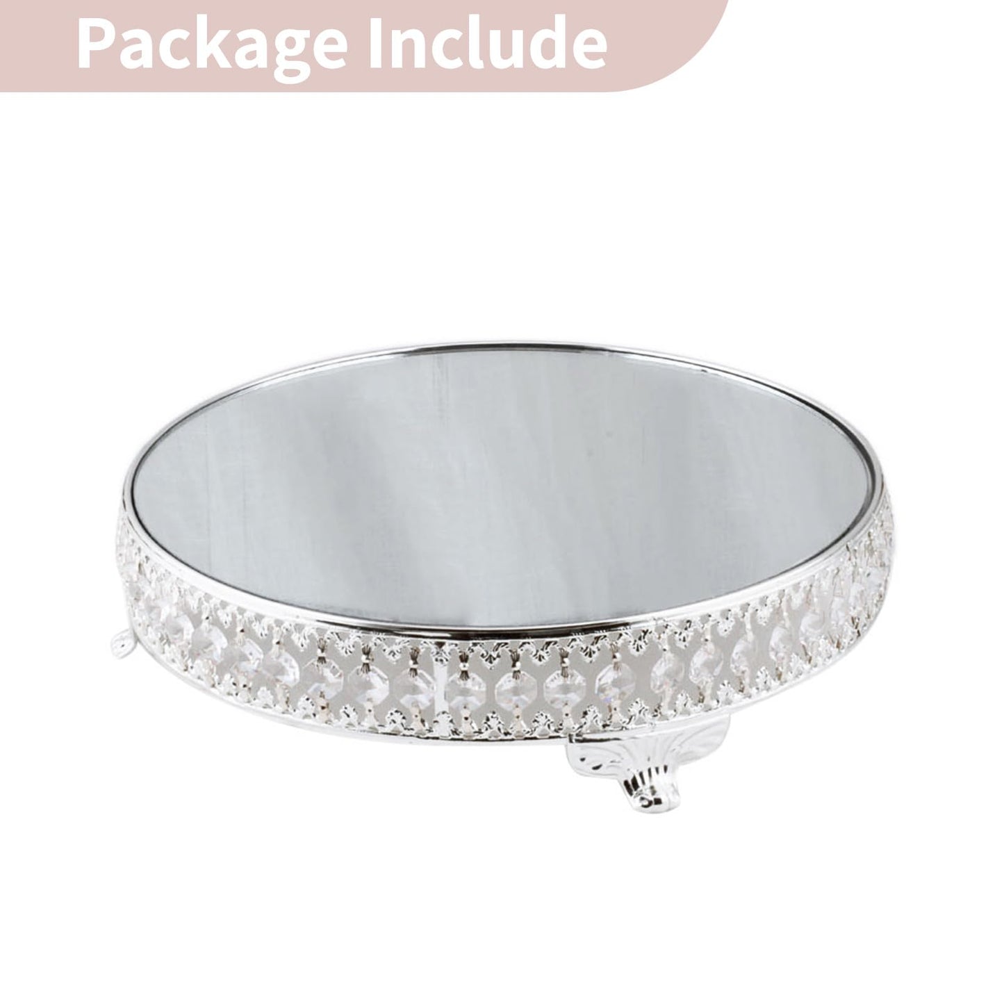 Wedding Metal Cake Display Stand with Mirror Top Plate 12 inches Diameter Beaded Crystal Metal Cake Pedestal, Snack Tray, Baking Party Supplies Centerpiece