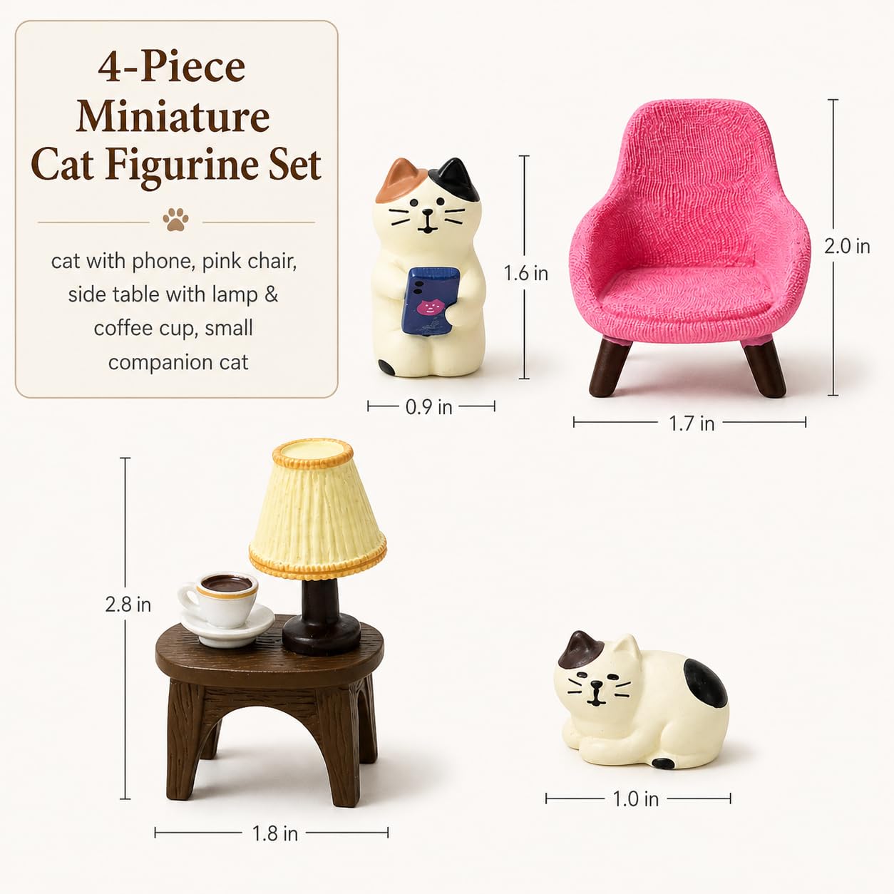 Edyocey Miniature Cat Figurines Set, 4-Piece Resin Cat with Sofa and Lamp, Desk Decor for Office and Home, Gift for Cat Lovers