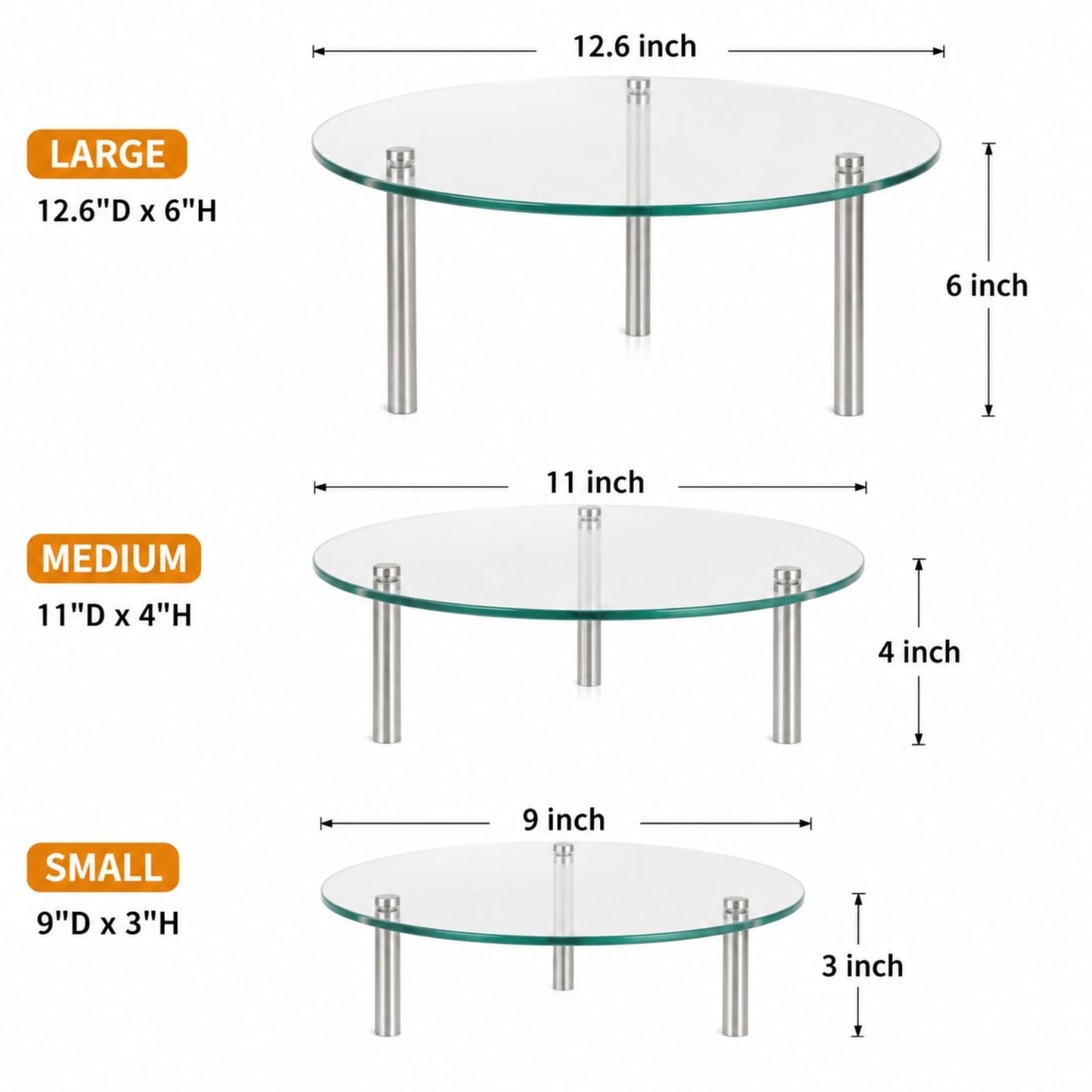 Hacaroa 3 Pcs Tempered Glass Cupcake Stands for Party, 9,11,12.6 Inch Round Food Display Stand Clear Retail Risers for Cakes, Desserts, Pastries, Appetizers
