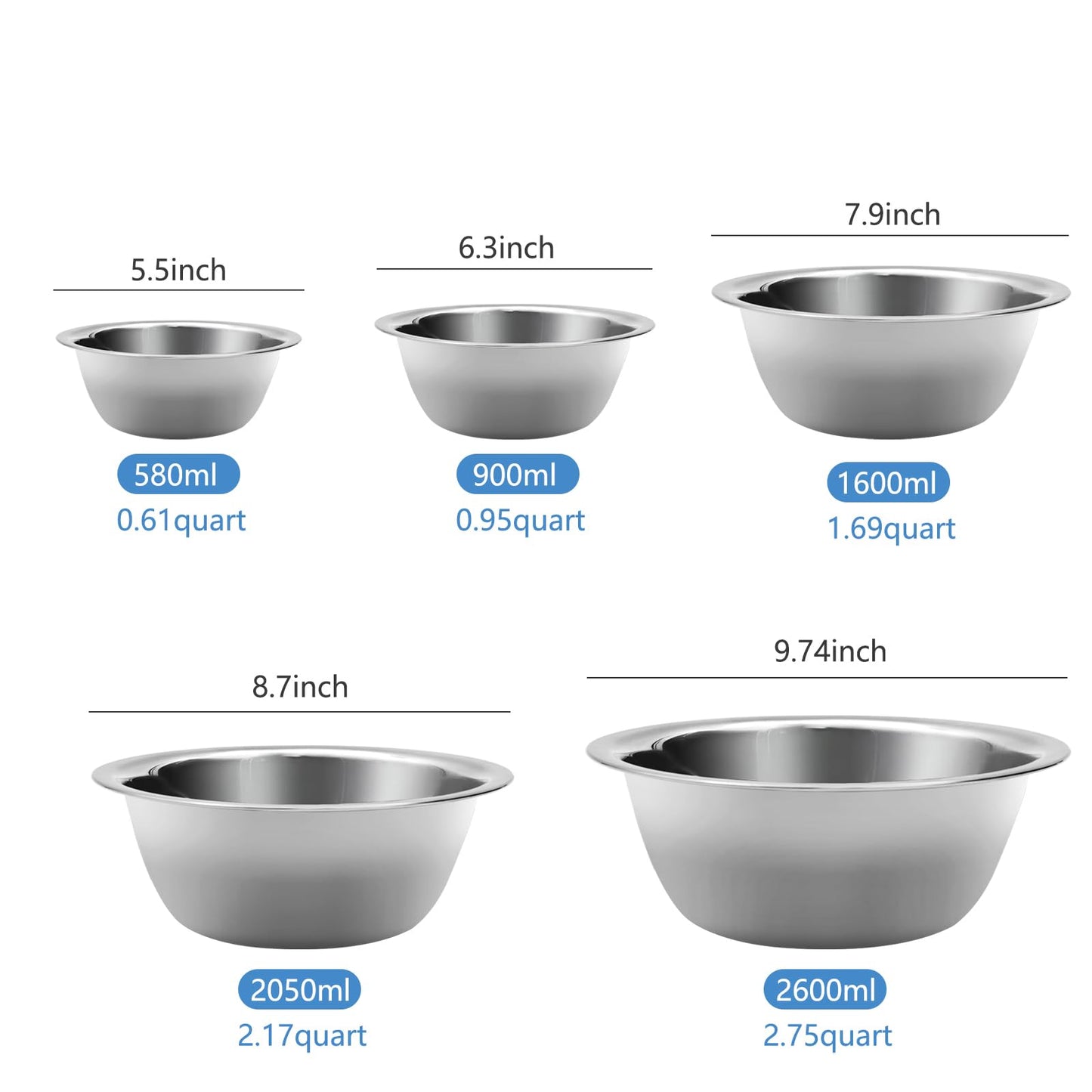 YGFRSTO Mixing Bowl Set of 5, Stainless Steel Mixing Bowls, Nesting Whisking Bowl Set for Cooking, Baking, Serving, Food/Salad Prep