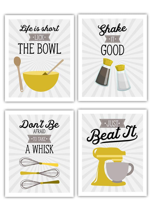 Retro Vintage Kitchen Wall Art Prints - Mustard Yellow/Gold, Gray, White Set of 4-8x10 UNFRAMED Kitchen Utensil Prints Perfect for Rustic, Modern Farmhouse, Country Decor.