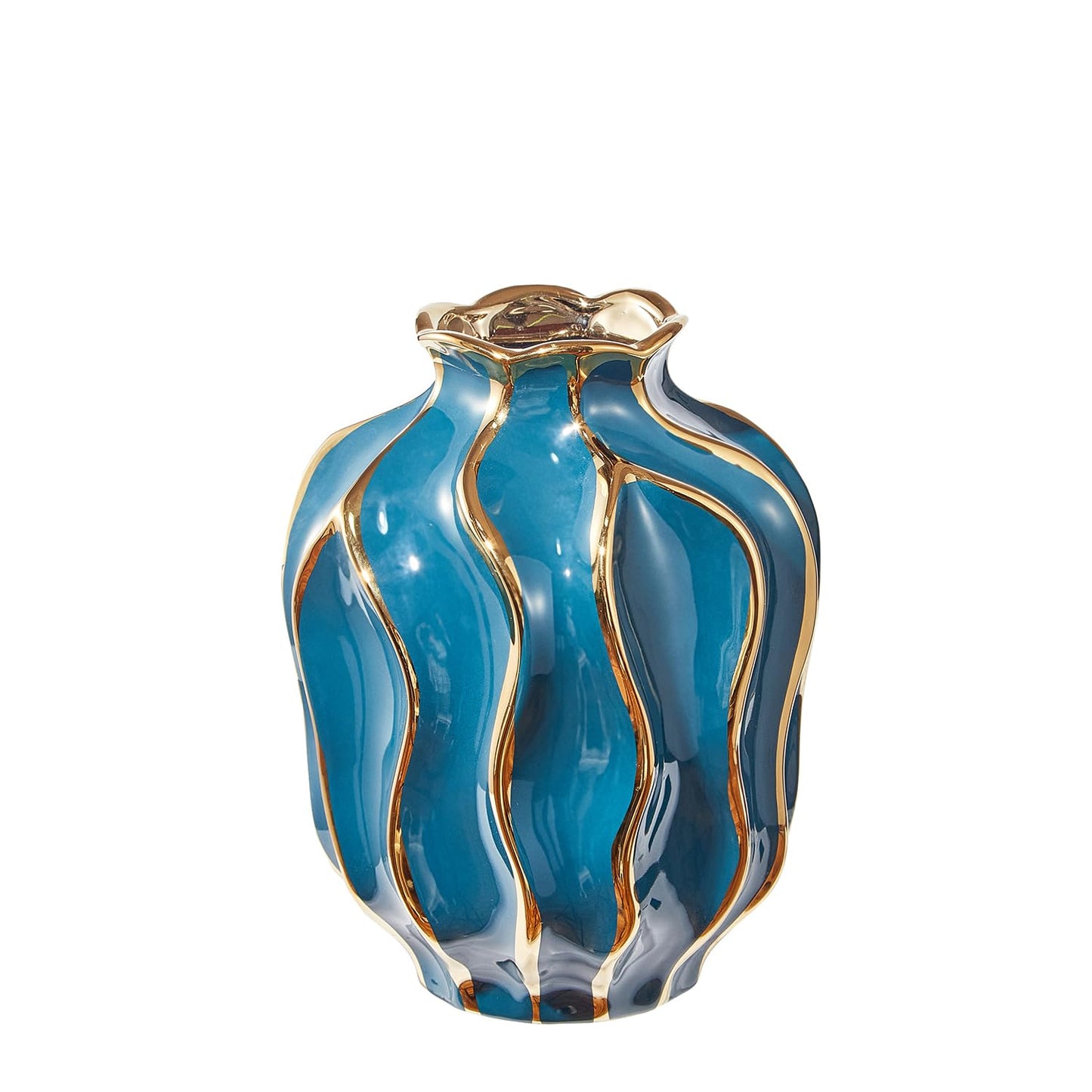 OTARTU Golden Striped Vase for Home Decor, Decorative Ceramic Flower Vase, Glazed Surface, Decoration for Bedroom, Office, Living Room, Bathroom, Tabletop Decor (Peacock Blue-Pomegranate-Shaped)