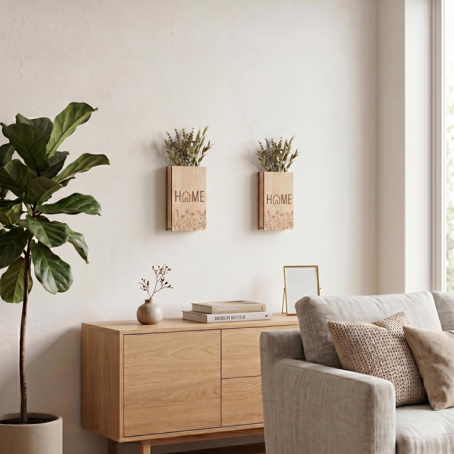 WONGSAI Wood Wall Planter Set of 2 with Unique Pattern, Hanging Vase for Artificial Flowers or Dried Plants, Decorative Wall Mounted Flower Pot for Living Room Bedroom Home Office (Home)