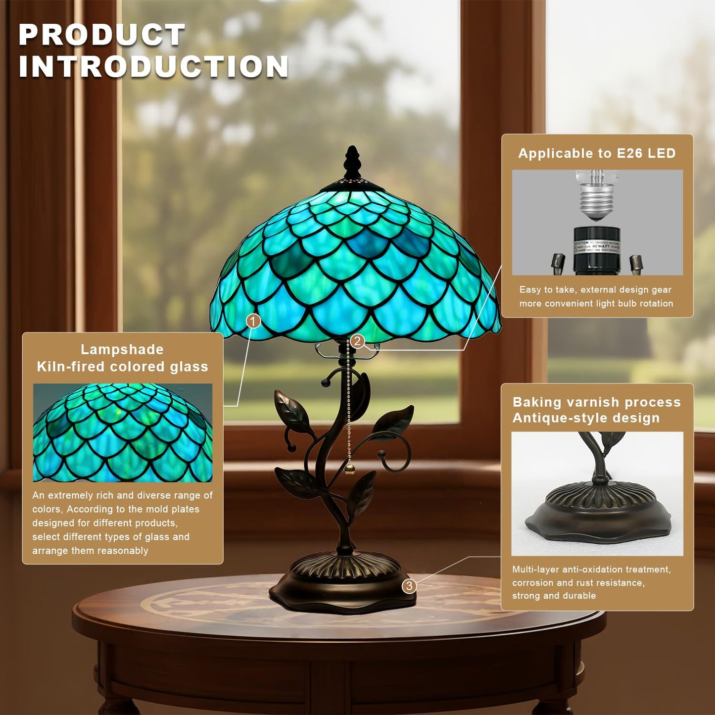 TFNALNB Tiffany Table Lamp, Stained Glass Blue Green Dragon Scale Lamp,Metal Leaf Base Decor Lamp, 12x12x19 Inch for Bedroom, Living Room, Home, Office