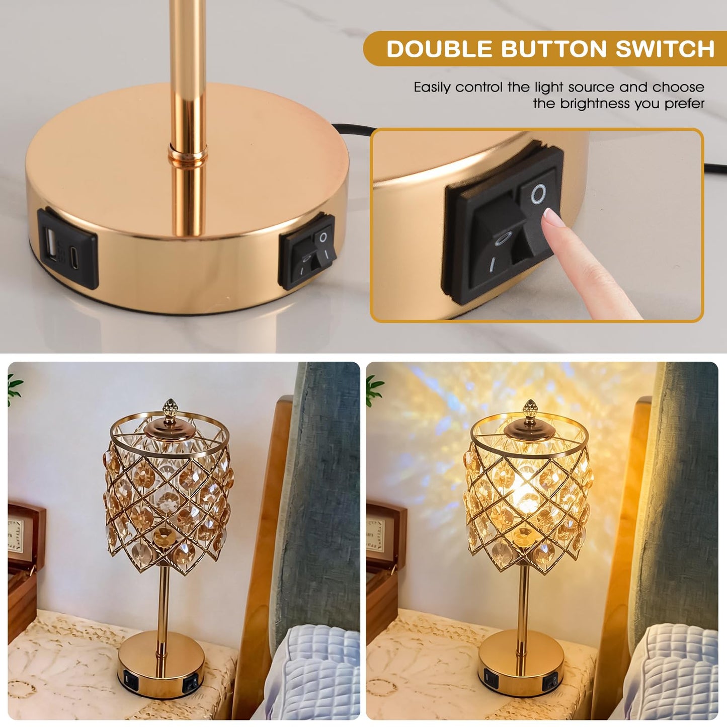 WELAISA Crystal Table Lamp, Gold, 3-Way Dimmable