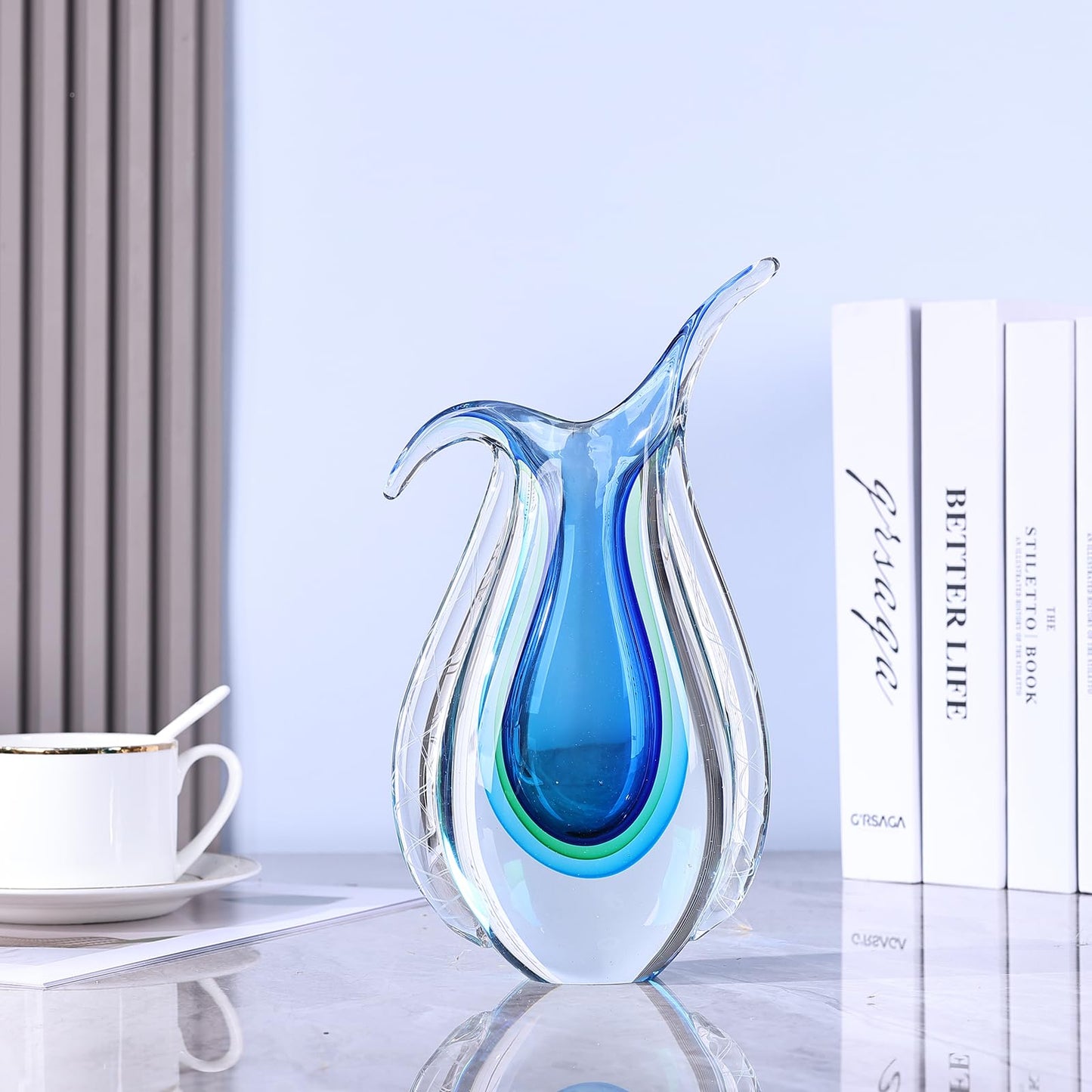 Blown Glass Blue vase, Unique Murano Style Glass Art Deco vase for Living Room TV Stand, Table Setting, Office, Room and Desktop Decorations and Ornaments.