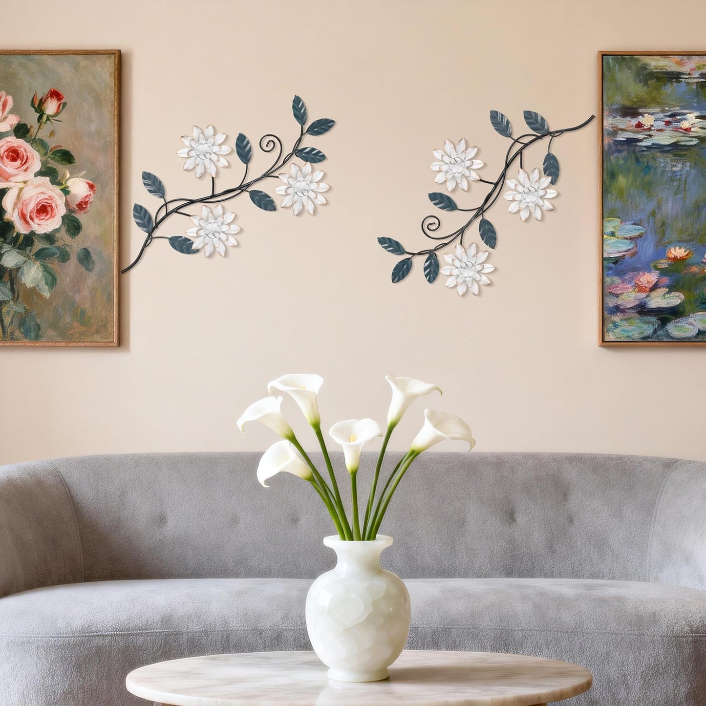 KHJCXS 2 Pieces Metal Flower Leaf Wall Art, 15.1"×7.3" Modern Rustic Iron Artwork Hanging Decor for Home Bedroom Living Room Dining Room Kitchen Hallway Office (White)