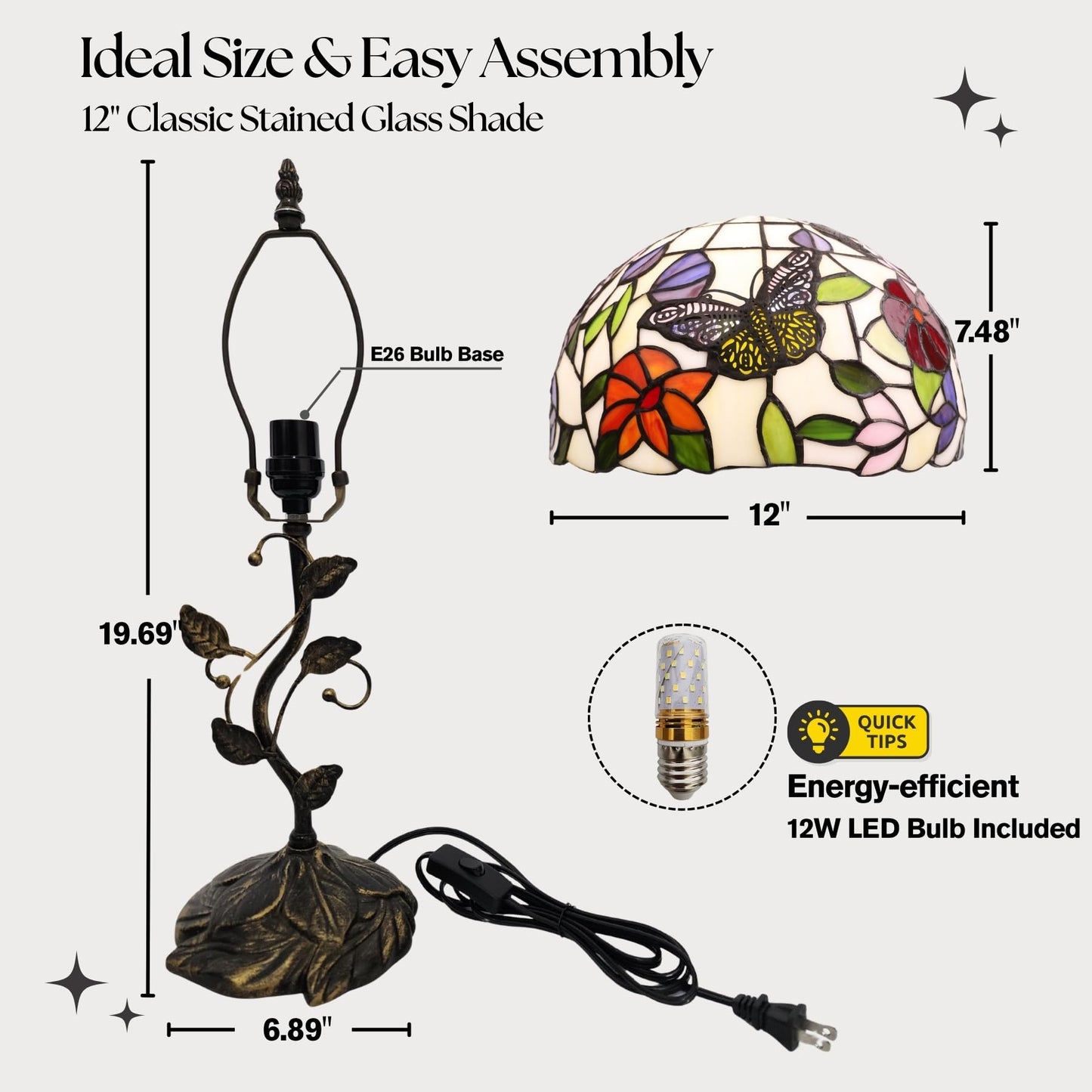 3EShinesys Tiffany Table Lamp, 12" Butterfly Flower Handmade Stained Glass Lamp Shade, Vintage Reading Light for Bedroom Living Room, LED Bulb Included