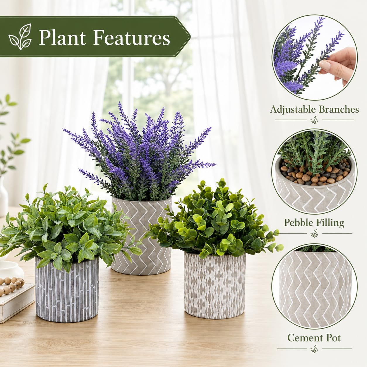 JOLLYMER Set of 3 Artificial Potted Plants, Faux Eucalyptus Lavender and Tea Tree Greenery in Cement Pots, Small Fake Plants for Shelf Bathroom Office Desk Decor