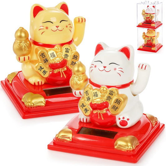 Cididu 2 Pack Solar Waving Cat, Small Lucky Cat Waving Arm Solar Powered, Stackable Good Luck Fortune Cat Window Sun Catcher Car Dashboard Decor, Portable Suncatchers Welcoming Cat with Clear Cover