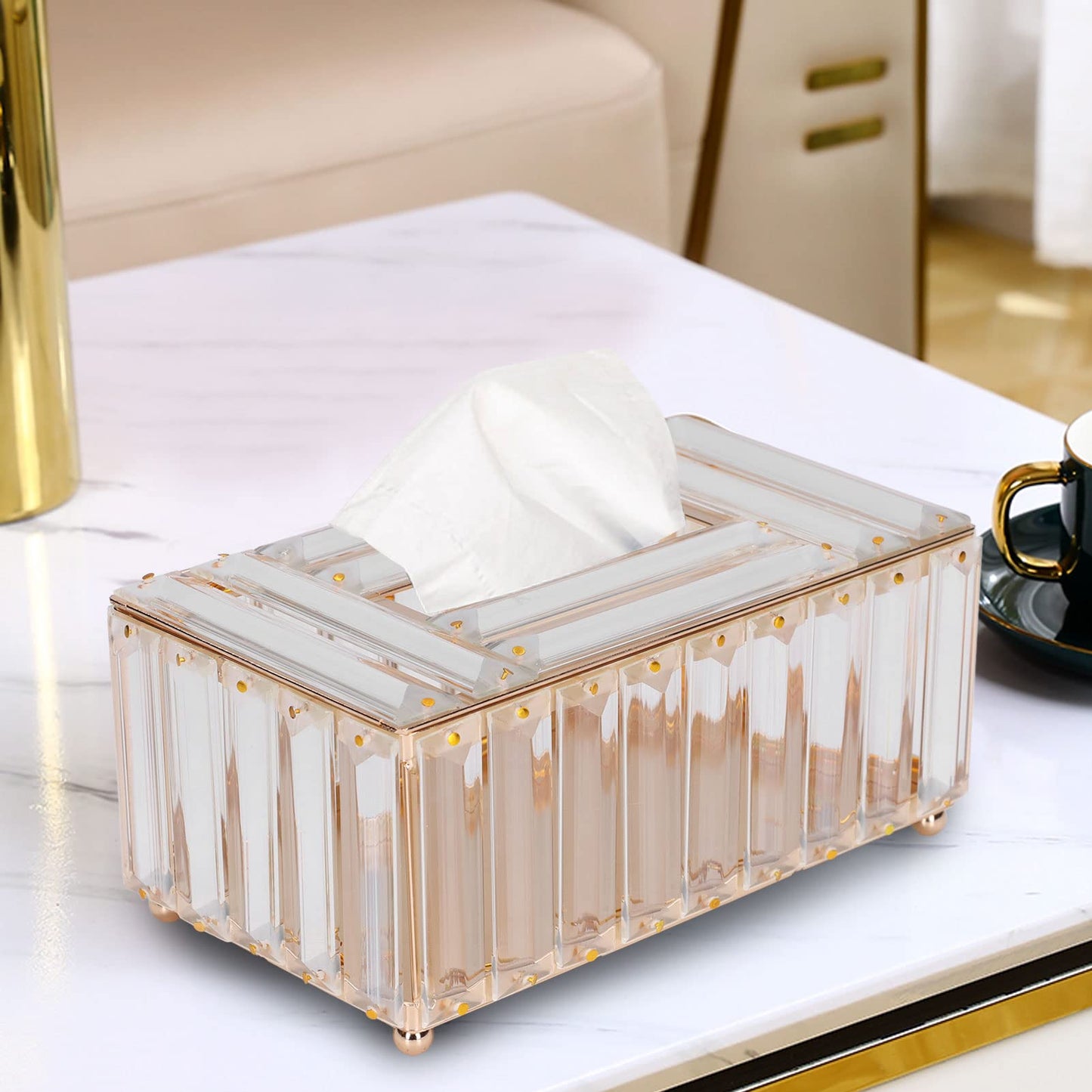 Tissue Box Cover, Gold Glass Tissue Box Holder Rectangular Tissue Case Decorative Napkin Organizer Dryer Sheet Dispenser for Bathroom Night Stand Office Car