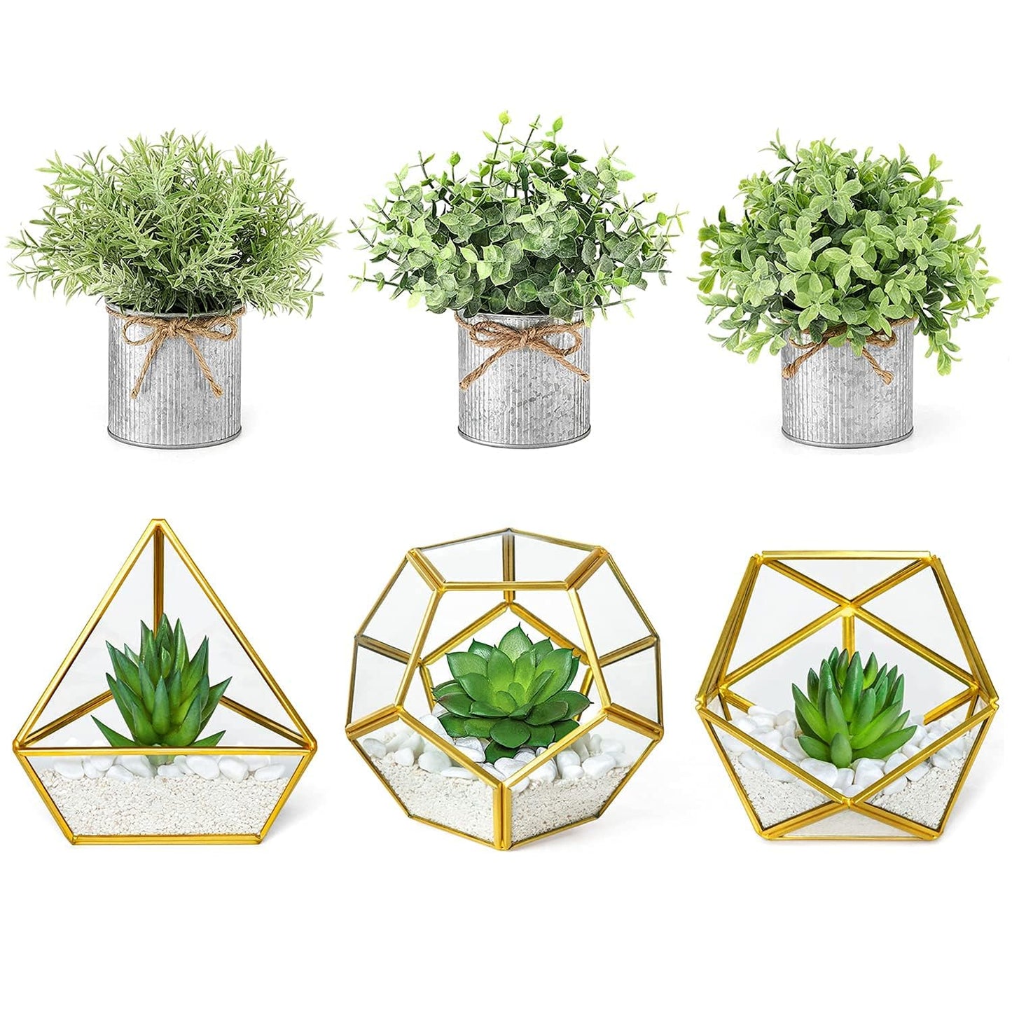 Mkono Artificial Succulent in 3 Pack Mini Glass Geometric Terrarium and Set of 3 Mini Potted Artificial Plants Faux Tabletop Greenery in Decorative Galvanized Metal Pots
