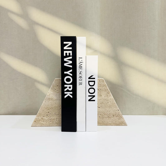 1 Piece Modern Travertine Bookend, Trapezoidal Design, Natural Stone Book Holders for Desk and Shelf (Trapezoidal - 1 piece)