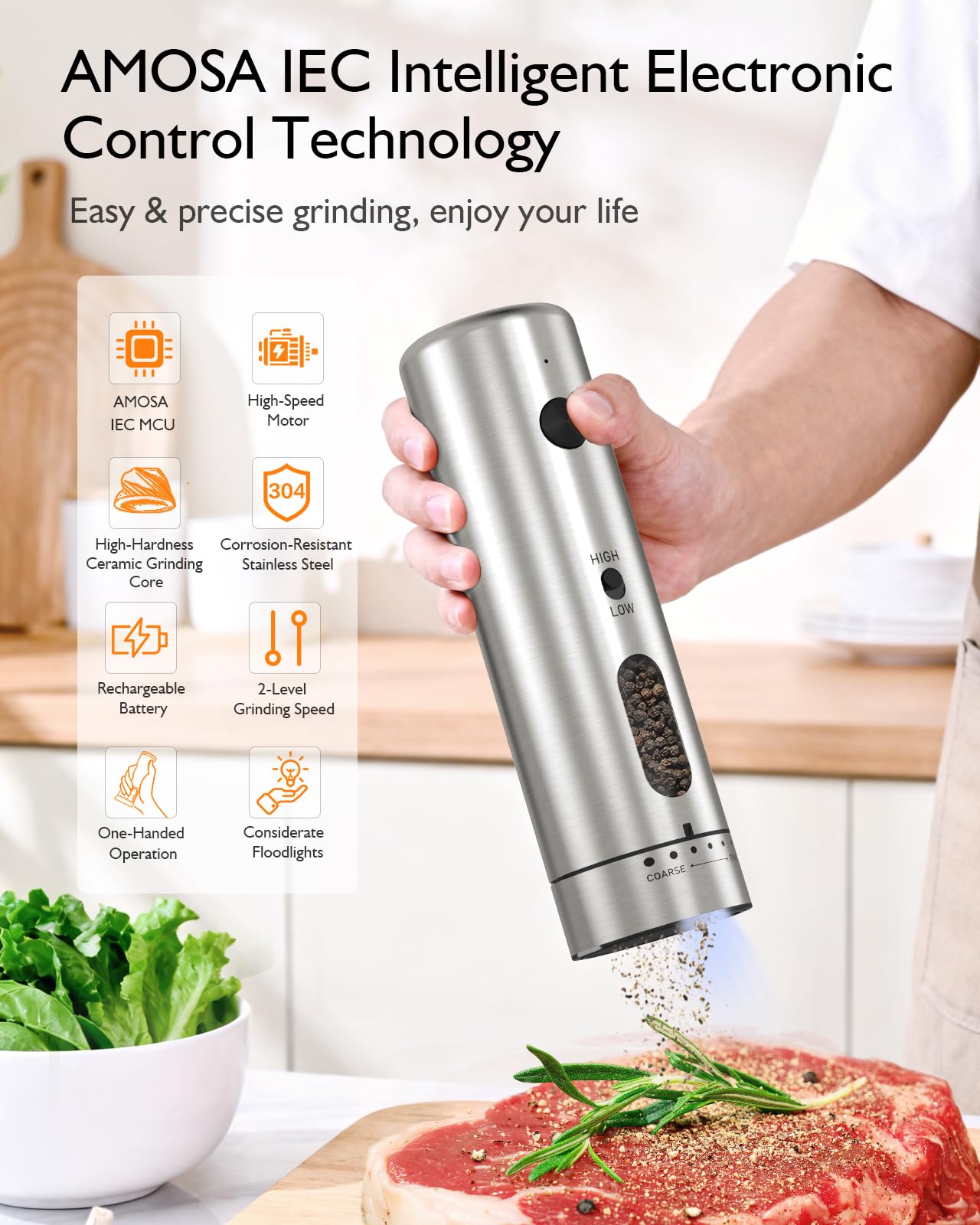 Electric Salt and Pepper Grinder Set, Upgraded 2-Speed Setting, External 6 Adjustable Coarseness, USB C Dual Rechargeable Base, All Stainless Steel Automatic Salt & Pepper Mill Shakers with LED Light