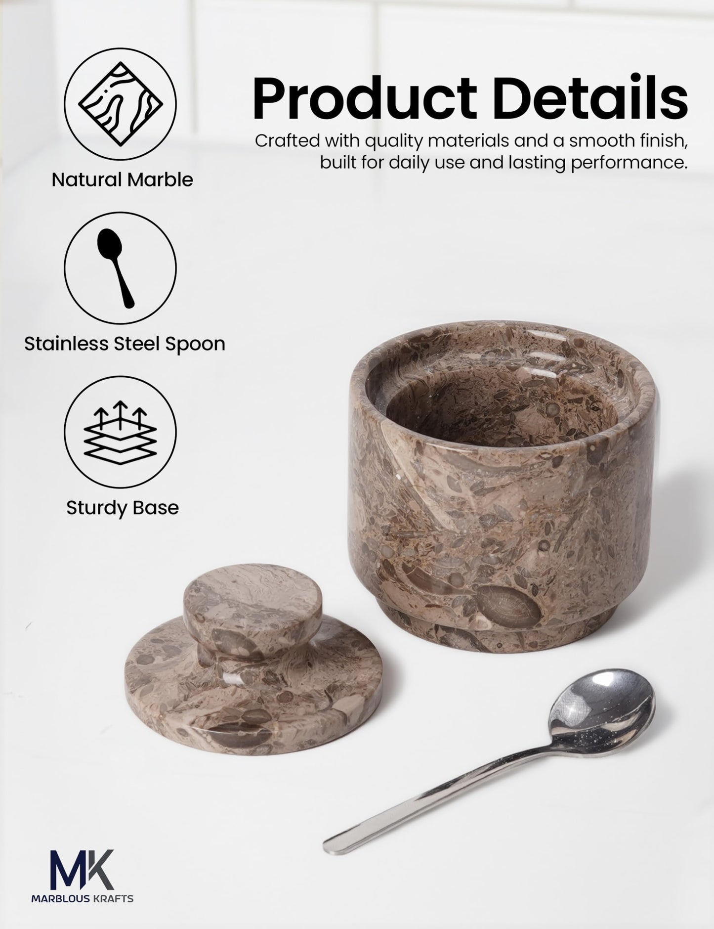 MARBLOUS KRAFTS Marble Salt Cellar Oceanic 3" Flaky Salt Dish for Countertop Ideal Spice Box, Candy Bowl, Brown Sugar Jar with Lid and Spoon, Kitchen Storage, Ideal Mother’s Day Gift for Mom