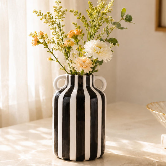 Blue and White Striped Ceramic Vase with Handles, Hand Painted Small Flower Vase for Tabletop Shelf Mantel Kitchen Counter Home Decor, Single Decorative Jar (Black)