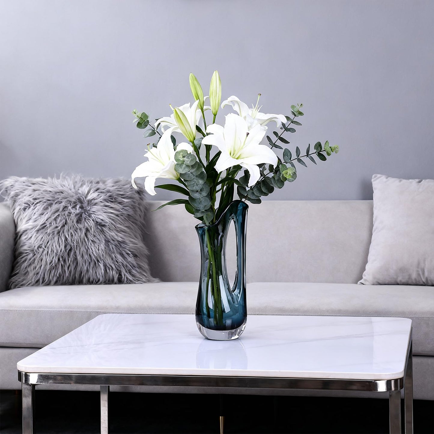 Abstract Glass Decorative Vases - 12.6" H Ombre Centerpiece Vase, Wide Mouth Handled Glass Pitcher Vase Flower, for Home Decor Living Room,Table,Bathroom,Office Shelf Decorative (Ombre Blue)