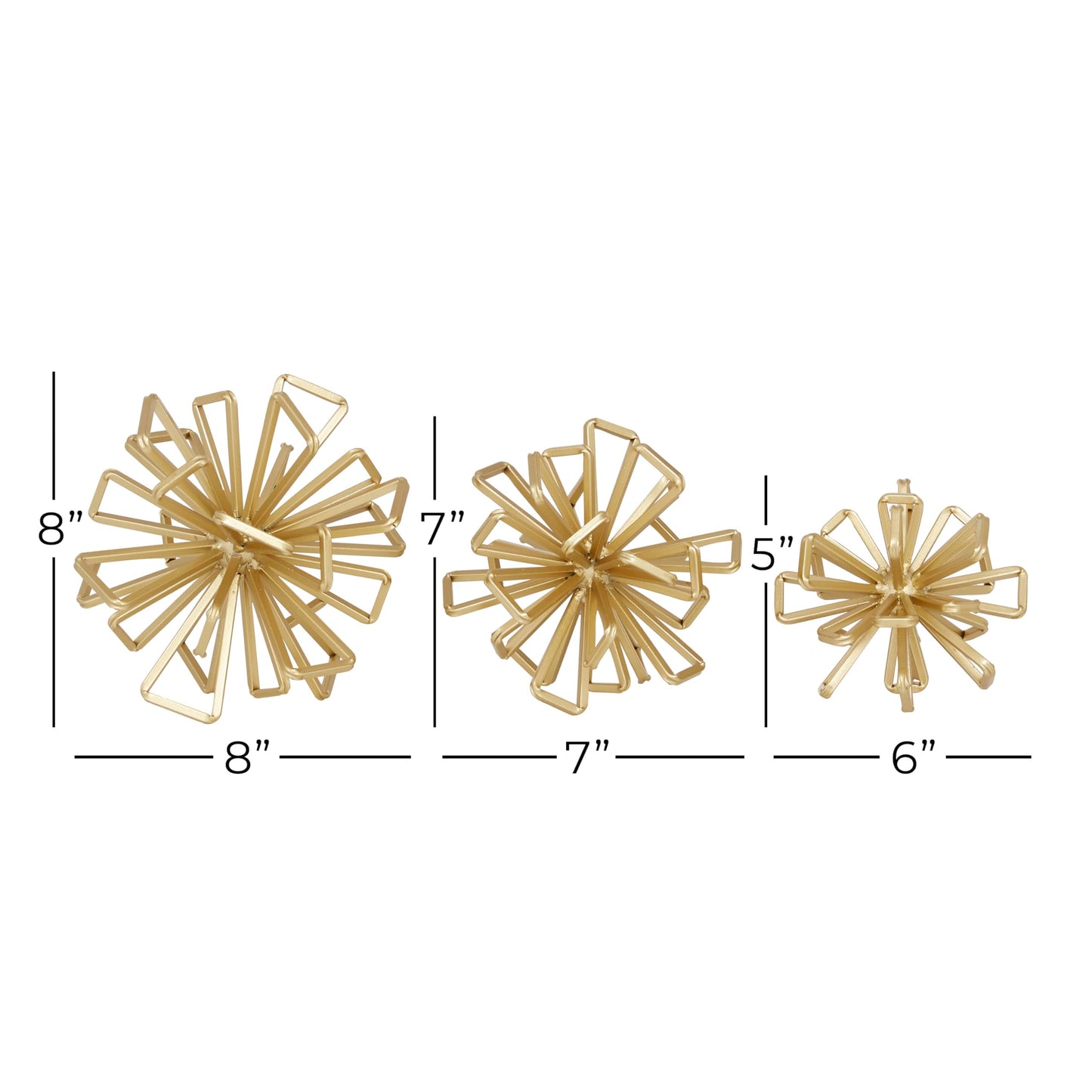 Deco 79 Metal Geometric Decorative Sculpture Wire Rod Orb Home Decor Statues, Set of 3 Accent Figurines 8", 7", 6"W, Gold