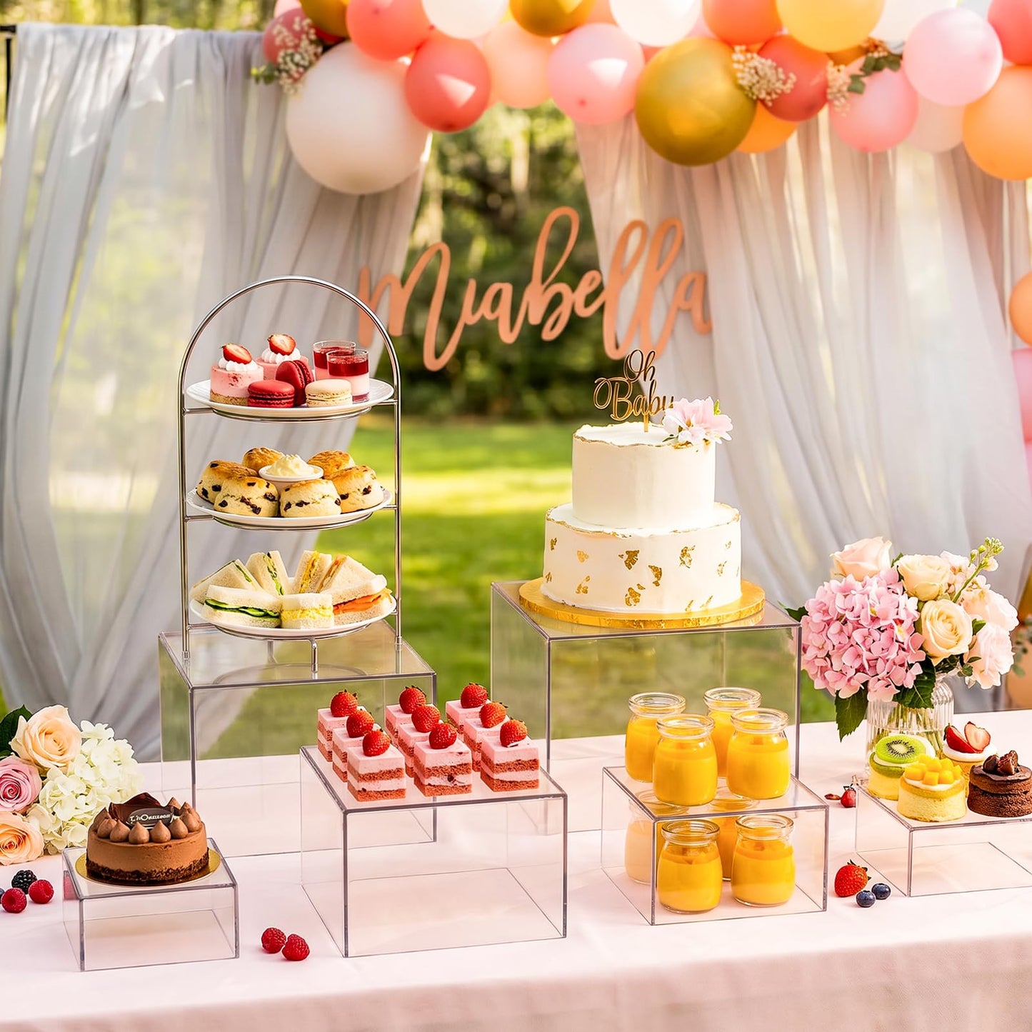 Budiwati 6 Pcs Acrylic Buffet Risers, Clear Stackable Food Display Stand, Nesting Cube Box with Hollow Bottom, Food Risers for Buffet Table Dessert Jewelry Catering(8'' 7'' 6'' 5'' 4'' 4'')