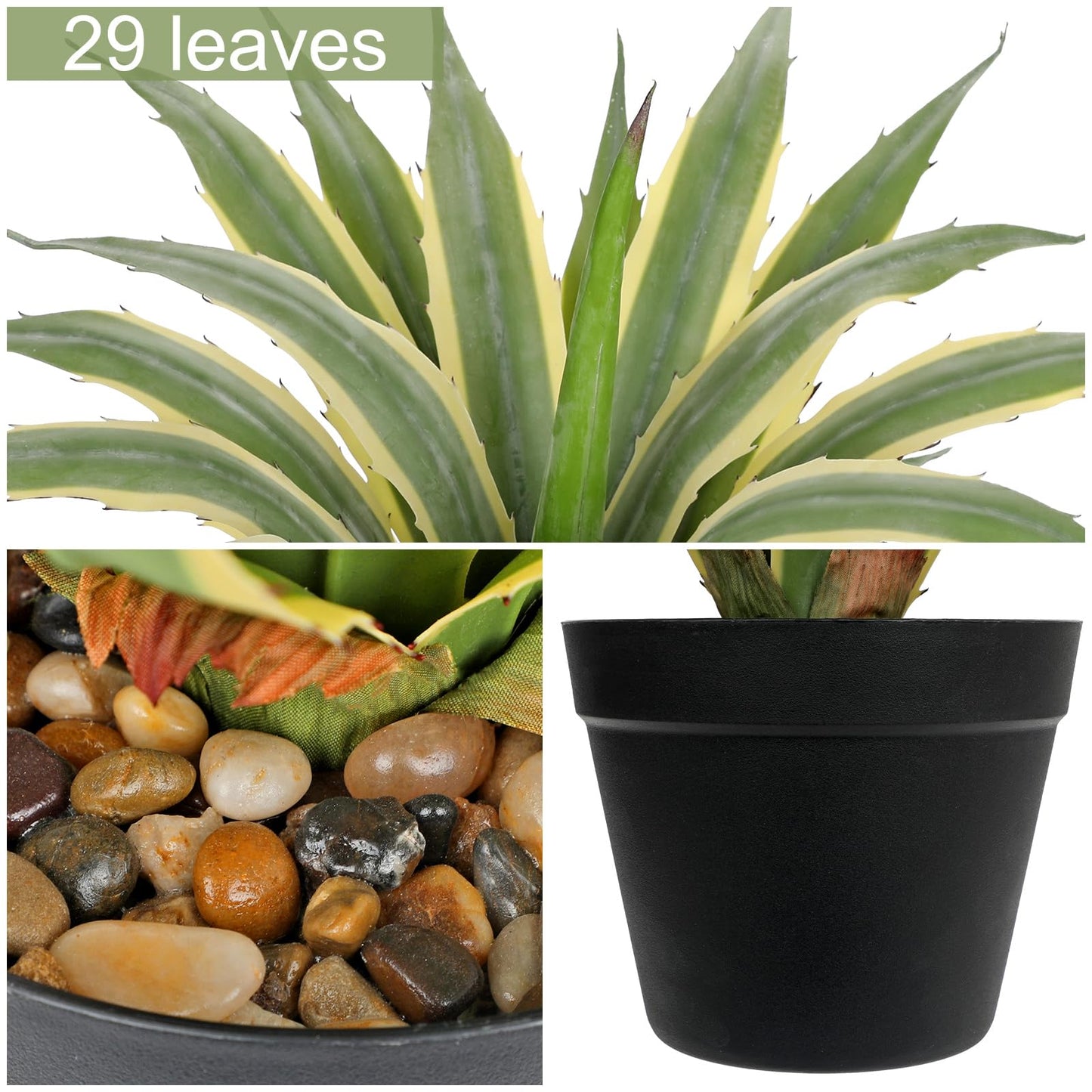 Hollyone Large Artificial Agave Plants 16.9" Tall Fake Agave Plant in Black Pot with Real Stone Pebbles Faux Succulent Aloe Tropical Plants Potted for Indoor Outdoor Home Patio Garden Decor