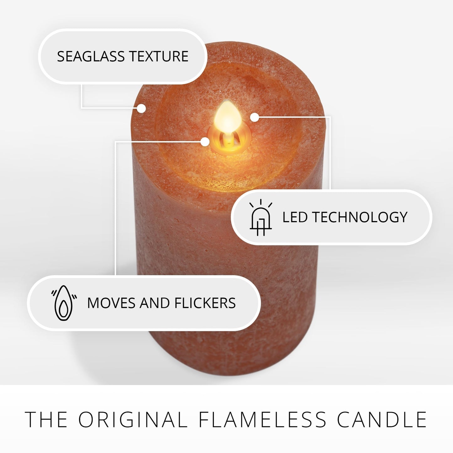 Luminara Sea Glass Flameless Candle, Harvest Pumpkin 3" x 4.5", Moving LED Flame Pillar with Timer, Battery Operated, Real Wax, Unscented Home Décor