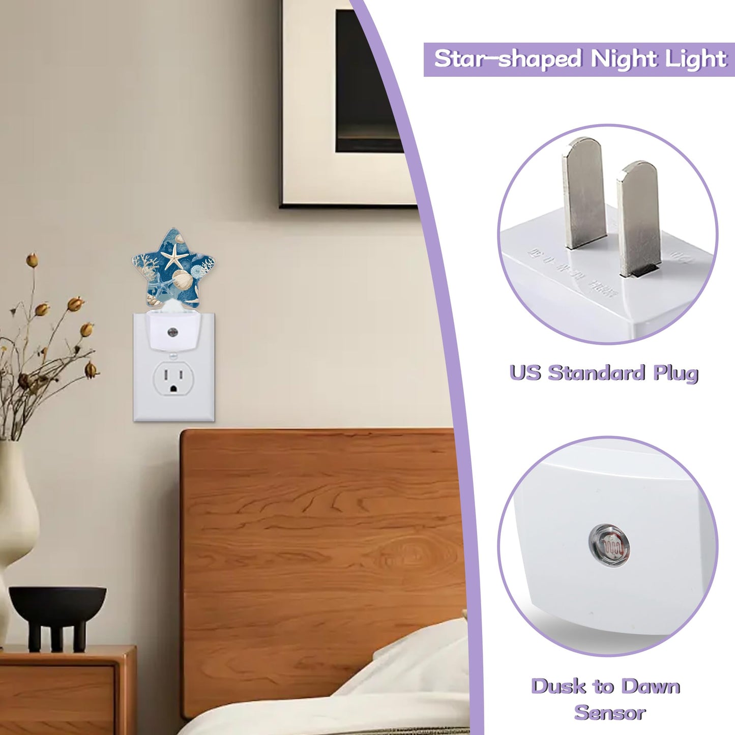 ICRICR Nightlight,Coral Starfish Decorative Night Lights Plug Into Wall,Seashells Night Light with Auto Sensor for Bedroom,Nursery,Hallway,Stairway,Gifts