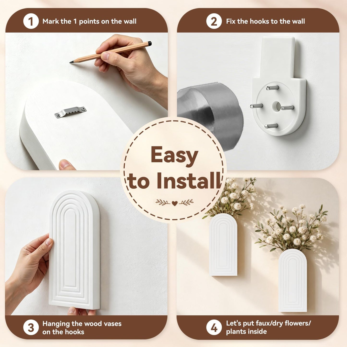 2 Pack Wooden Wall Vase Set, Boho Hanging Planter & Finish Modern Farmhouse Plants & Flowers Wall Decor for Entryway, Hallway, Bathroom, Living Room, Dining Room, Narrow Spaces (White)