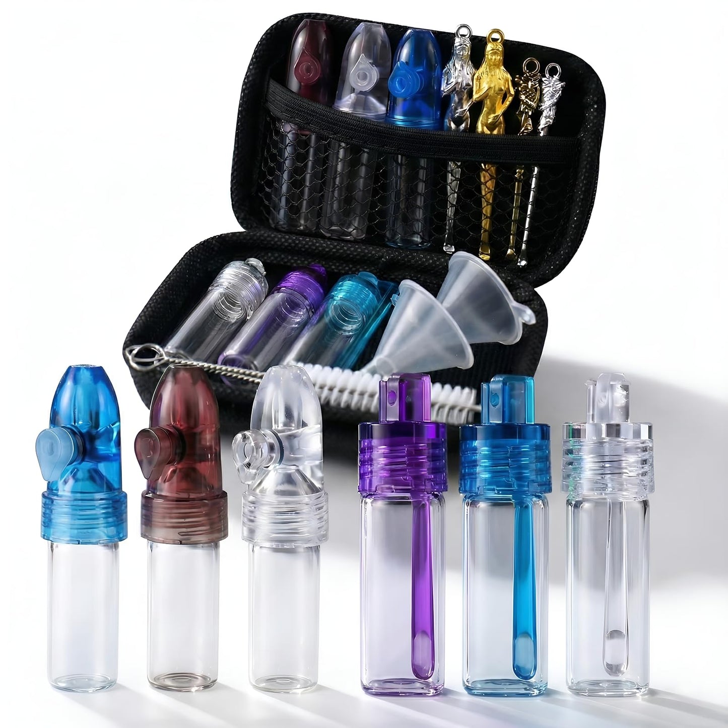 Molybdix Portable Spice Dispenser, 15 Pack Camping Seasoning Container Kit, Travel Spice Container Set with Metal Bottles, Spoons, Funnels, Brush and Case for Camping, BBQ, Hiking and Picnic Cooking
