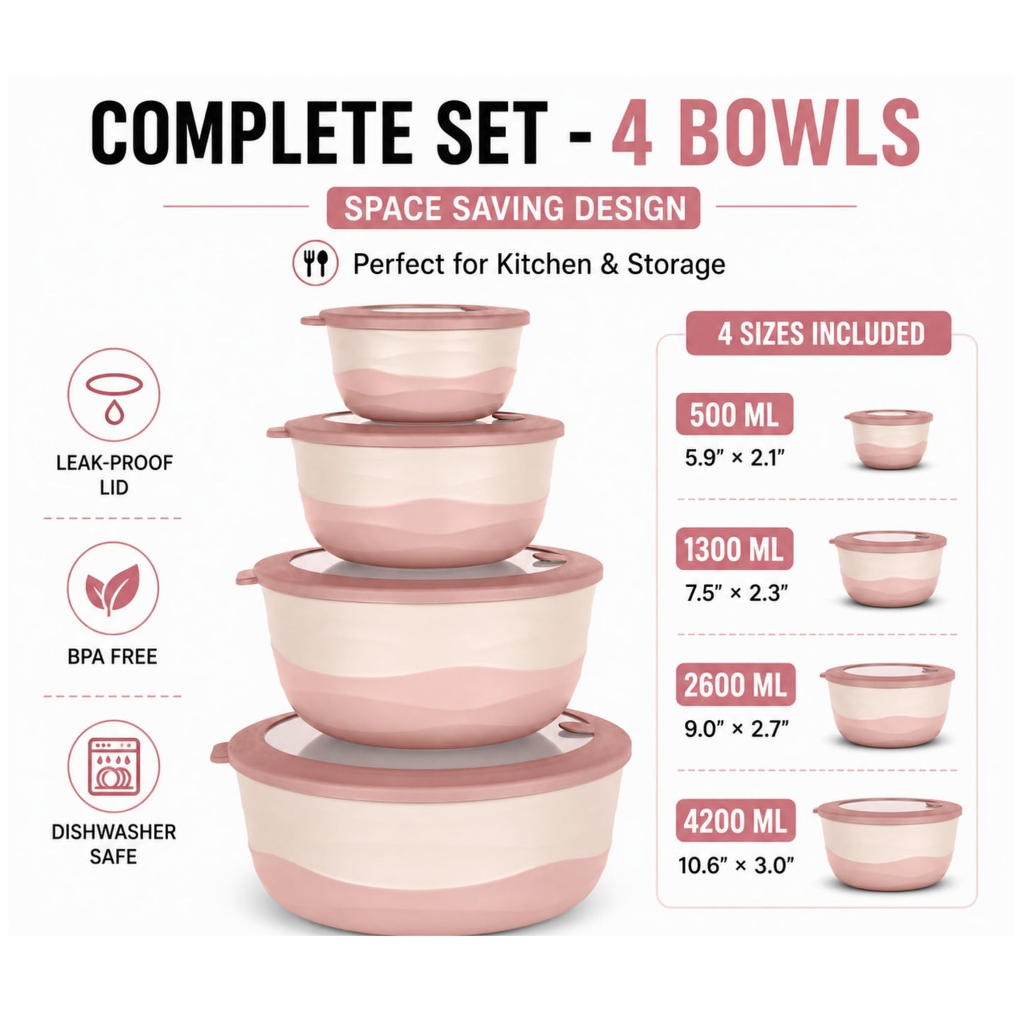Fizu Home Pera Mixing Bowls with Lids, 8-Piece Airtight Leak-Proof Nesting BPA-Free Prep Bowl Set for Kitchen & Food Storage, Large 4200ml Capacity, Microwave & Dishwasher Safe