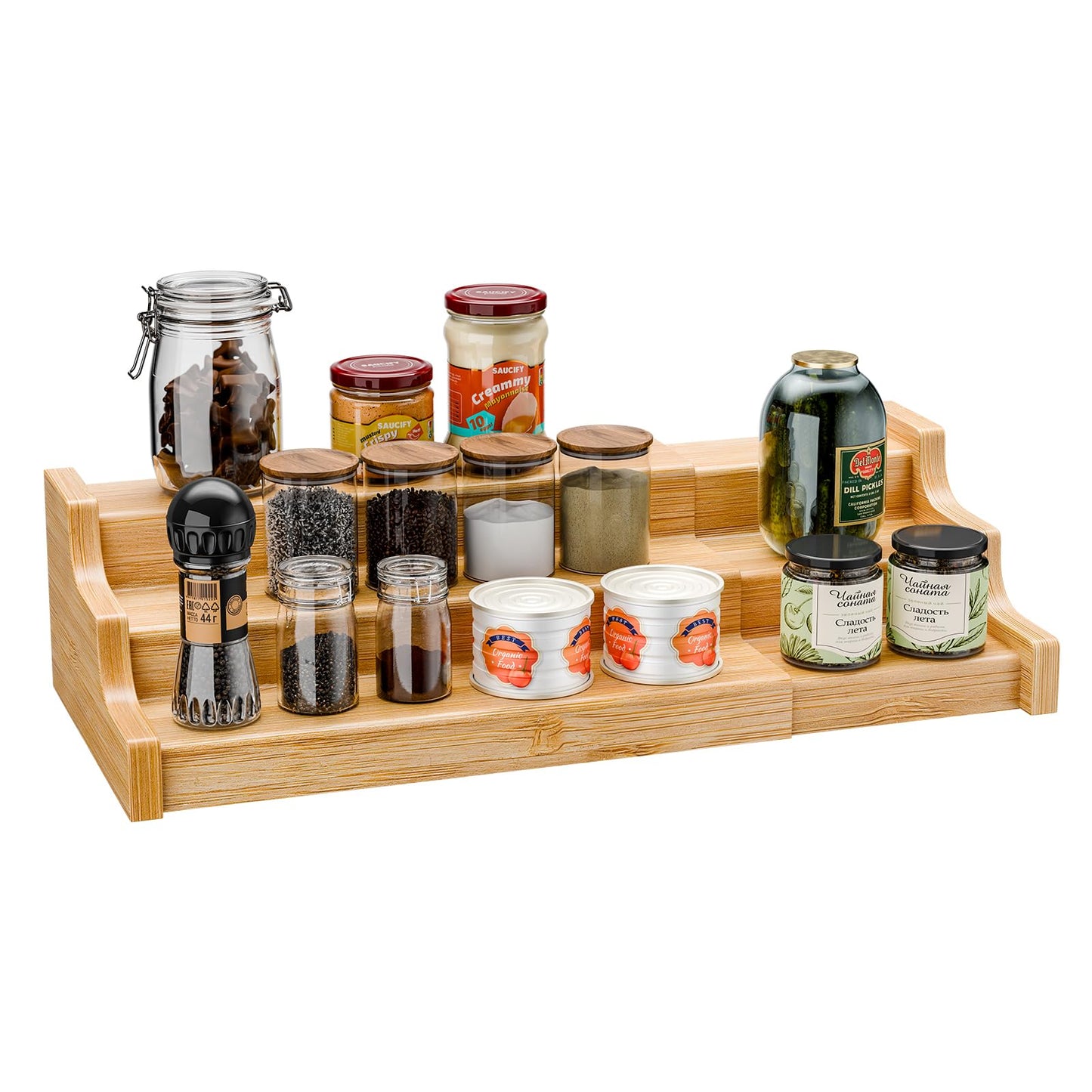 Simple Trending Spice Rack Kitchen Cabinet Organizer, 3 Tier Bamboo Expandable Spice Storage, Display Shelf for Cupboard, Pantry, Yellow