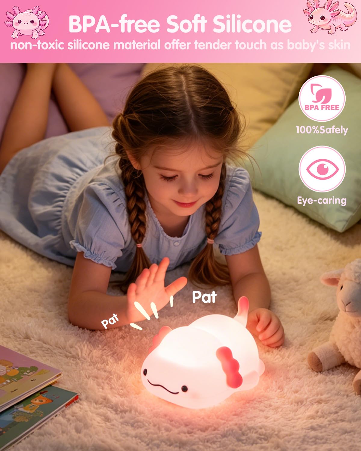 Fuloon Pink Axolotl Night Light, Squishy Silicone Kids Lamp, Safe & Soothing Touch Control for Kids and Babies, USB-C Rechargeable, 30-Min Auto Timer, Gift Idea (Pink Axolotl)