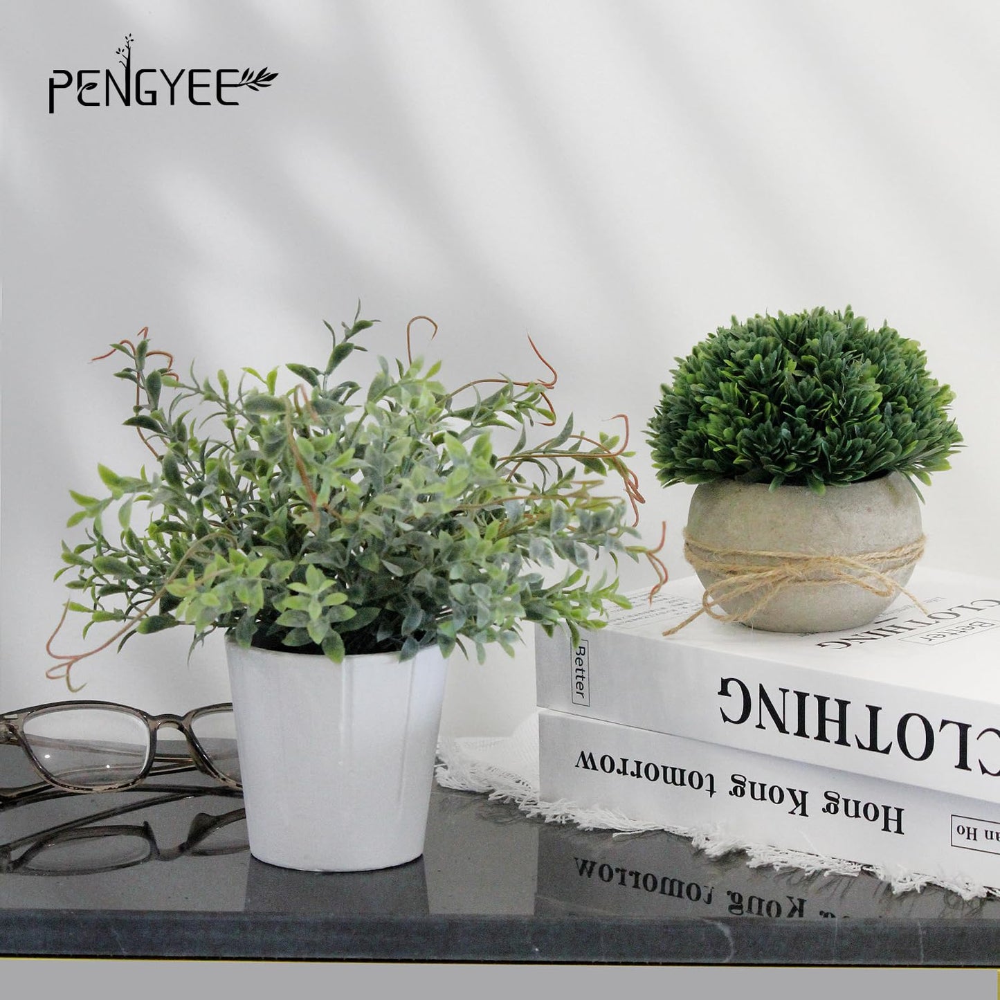 PENGYEE 4 Pack Small Faux Plants & 3 Pack Artificial Boxwood in Cement Planters Bundle