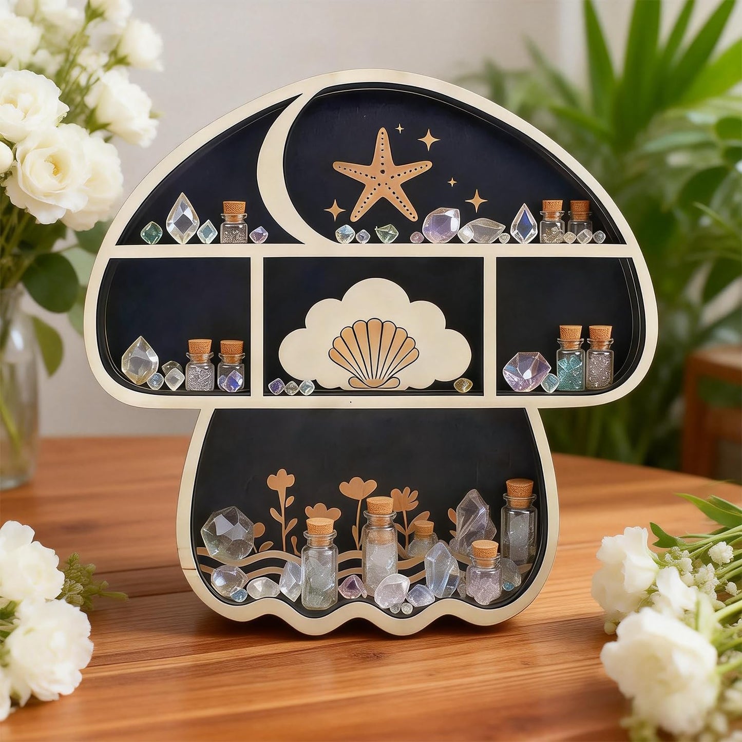 Zetosva Mushroom Decor Crystal Display, Floating Shelves & Crystal Holder, Cute Mushroom Wall Decor and Trinket Shelf, Rock Gem Stone Display Case, for Quirky Home Decor, Gifts for Mushroom Lovers