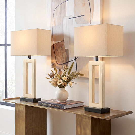 Vortether 22" Modern Ceramic Table Lamps Set of 2, Cream Crackle Glaze Hollow Bedside Lamps with Linen Shade, 5ft Cord Rotary Switch E26 Base Nightstand Lamps for Bedroom Living Room Entryway Decor