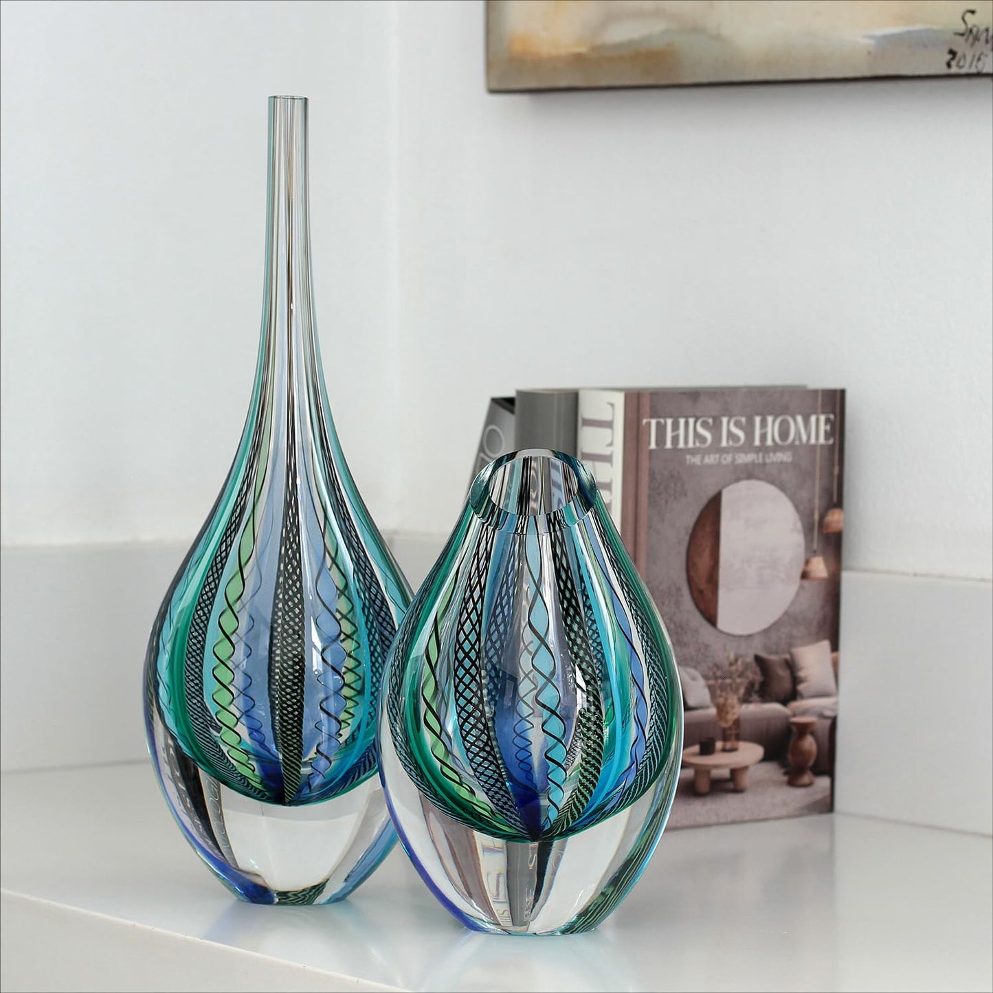Ca D Oro Drop Glass Vase Boho with Blue/Green Canes Hand Blown Murano-Style Art Glass - Model Tall
