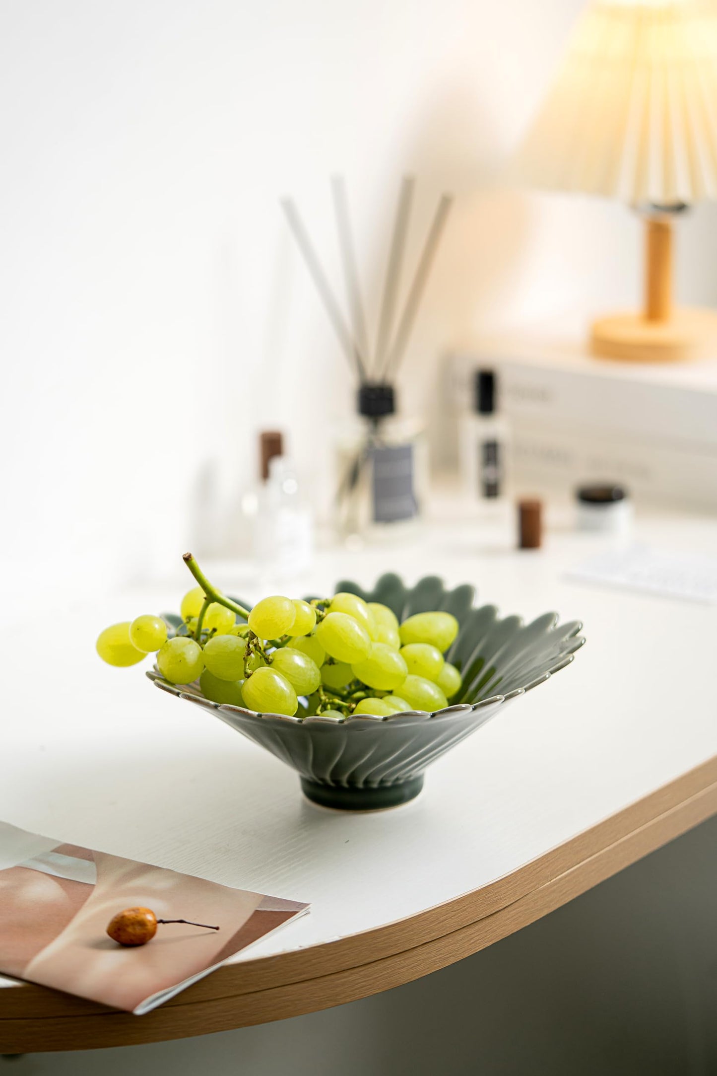 Modern Fruit Bowl - 9" Ceramic, Green, Kitchen Counter Decorative Bowl