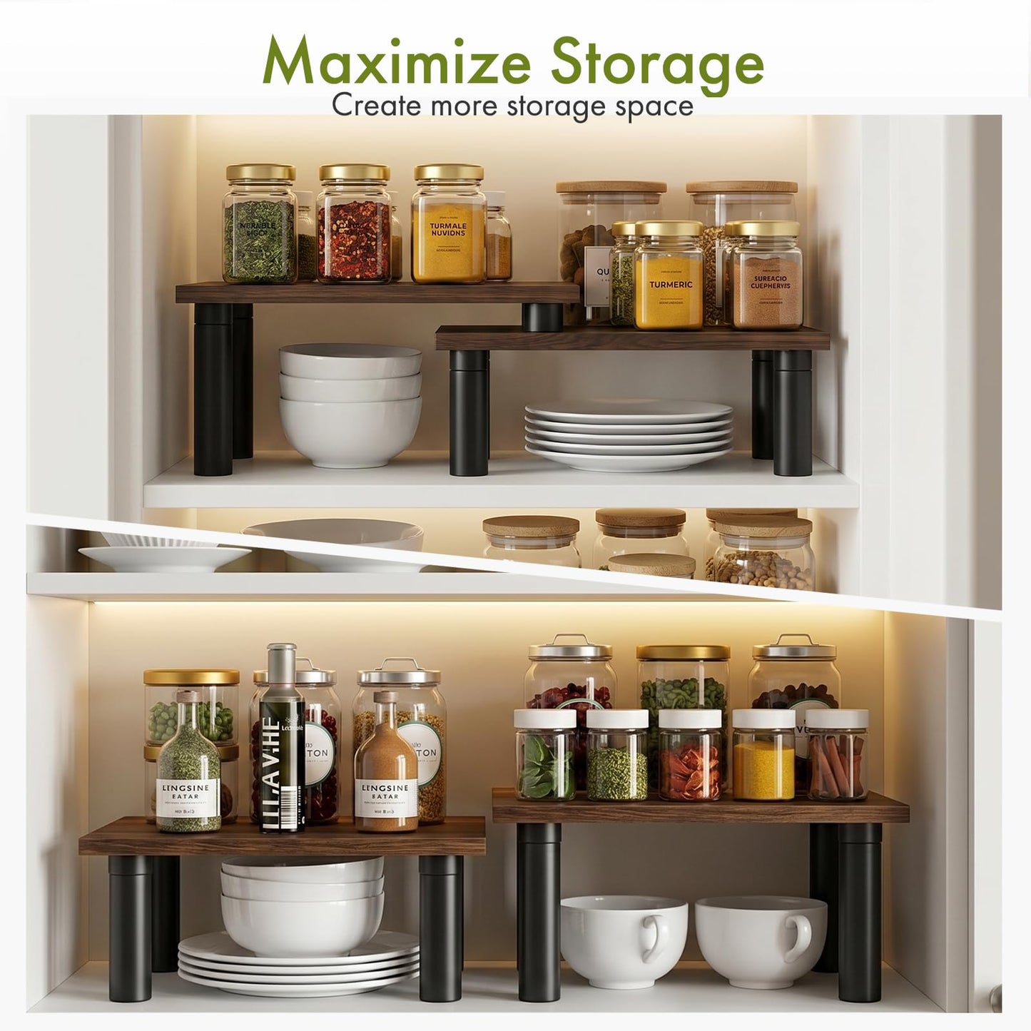 Cabinet Organizer Shelf, 2 Tier Countertop Spice Rack for Kitchen Counter, Seasoning Organizer with Wood-Grain Shelves, Kitchen Countertop Organizer for Spices, Sauces and Small Items (2 Pcs, Brown)