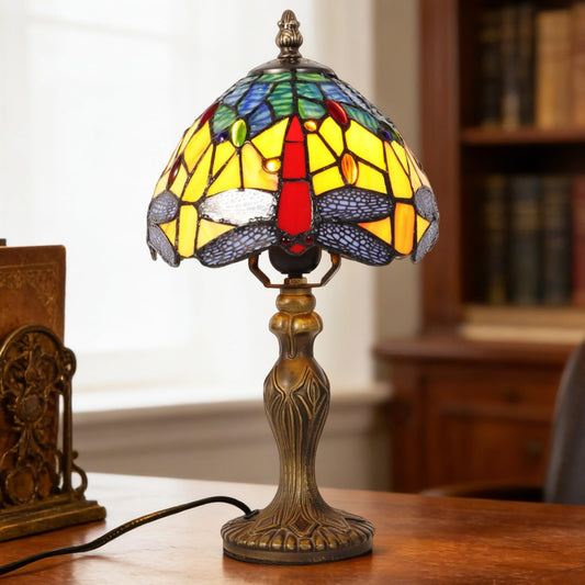 mfanchan 7.9 Inch Vintage Stained Glass Lamp, Dragonfly Design, Handmade Desk Bedside Night Light, Art Craft Decorative Lamp, for Living Room Bedroom Study Home Decoration
